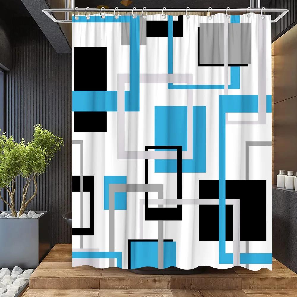 Abstract Geometric Black White Red Shower Curtain 3D Block Square Elegant Frame Modern Decor Fabric Bathroom with Hook Grey
