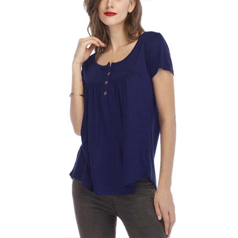 Women's Pleated Button Detail T-Shirt - Summer Casual Loose Fit Top with Ruffle Trim, Breathable Streetwear & Vacation Essentials