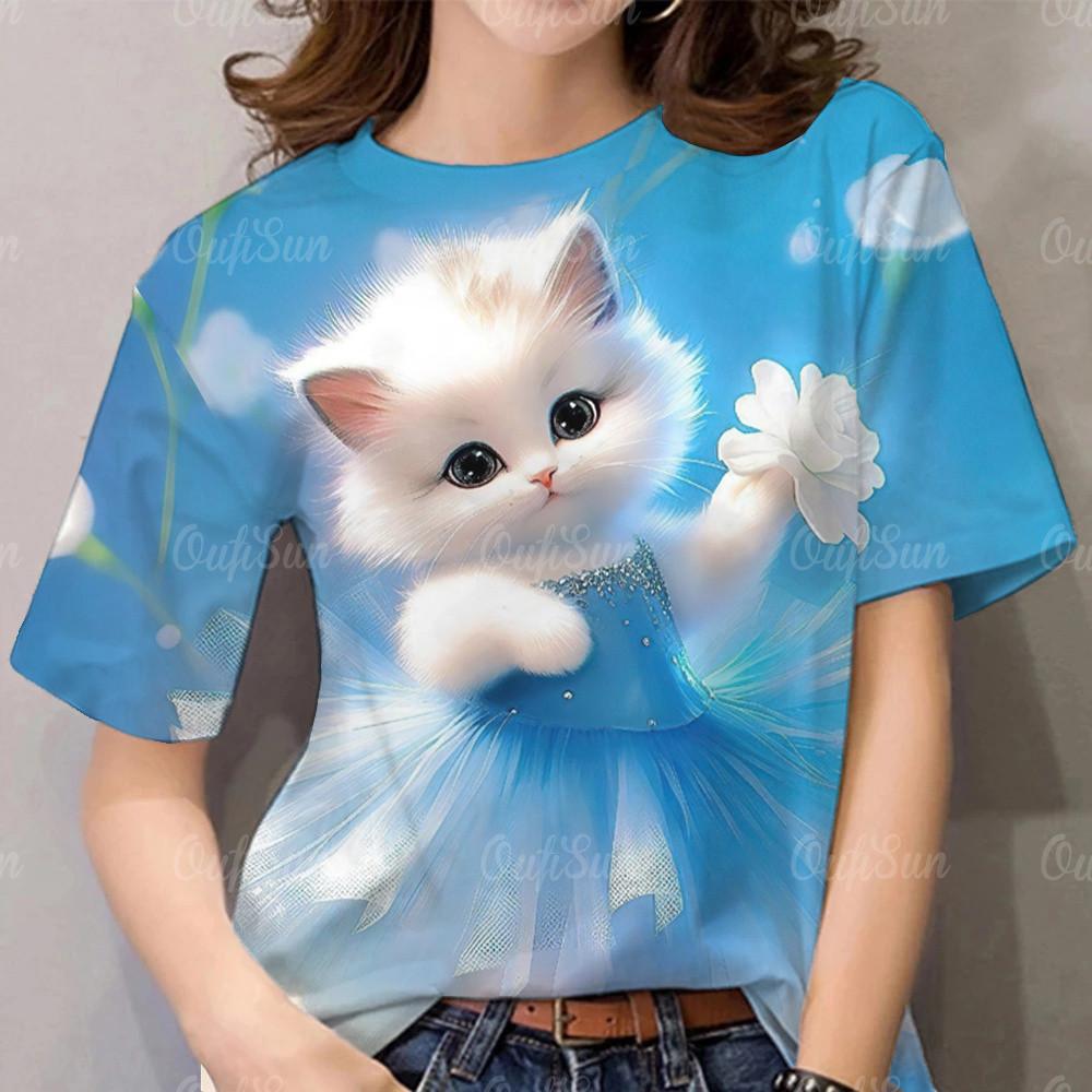 Cute women's T-shirt, cute cat print top, fashionable cartoon pattern T-shirt