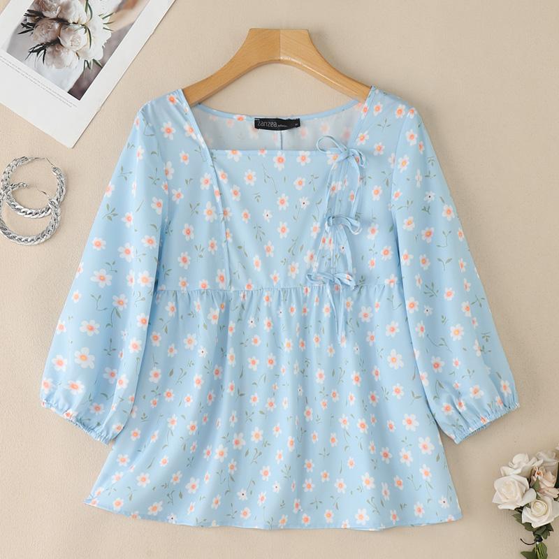 

ZANZEA Women Casual Square Collar 3/4 Sleeve Loose Floral Print Blouse M синій