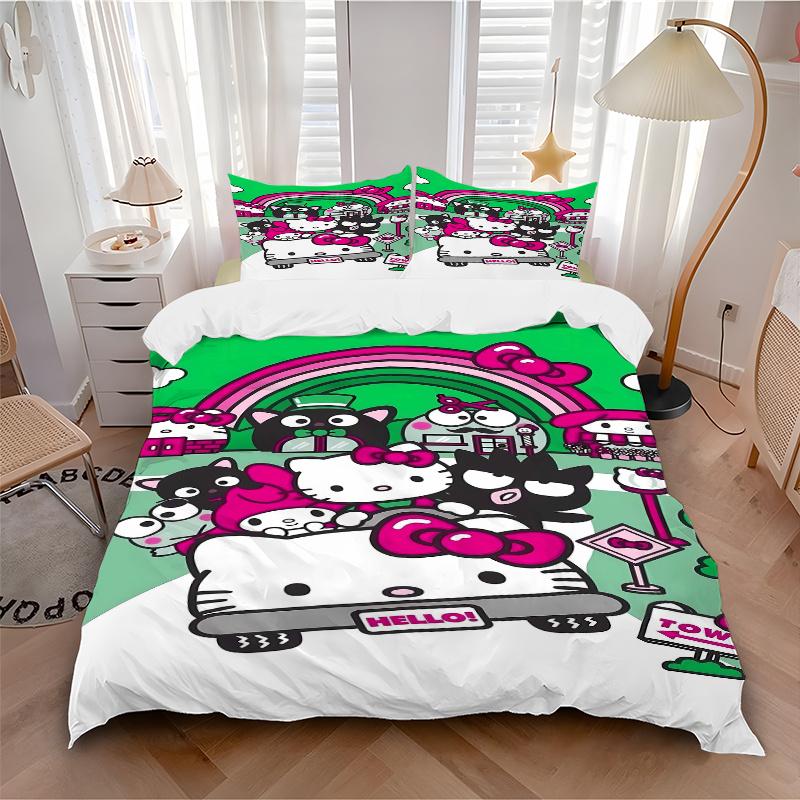 3pcs Under the Rainbow Hello Kitty and Friends Pattern Bedding Set, 1* Cover + 2*Pillowcases, Printed Bedding Set, Soft and Comfortable.S102