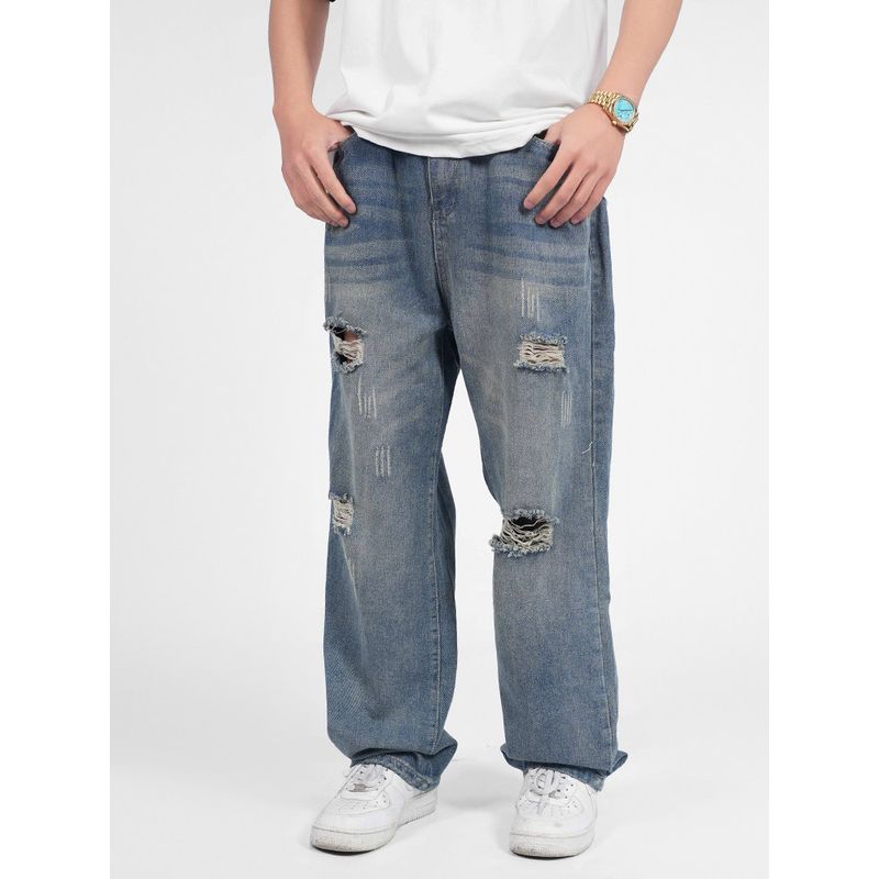 Wassup Ripped Jeans for Men, Summer Thin Style, American High Street Vintage Straight-Leg Long Pants, Versatile Trendy Brand