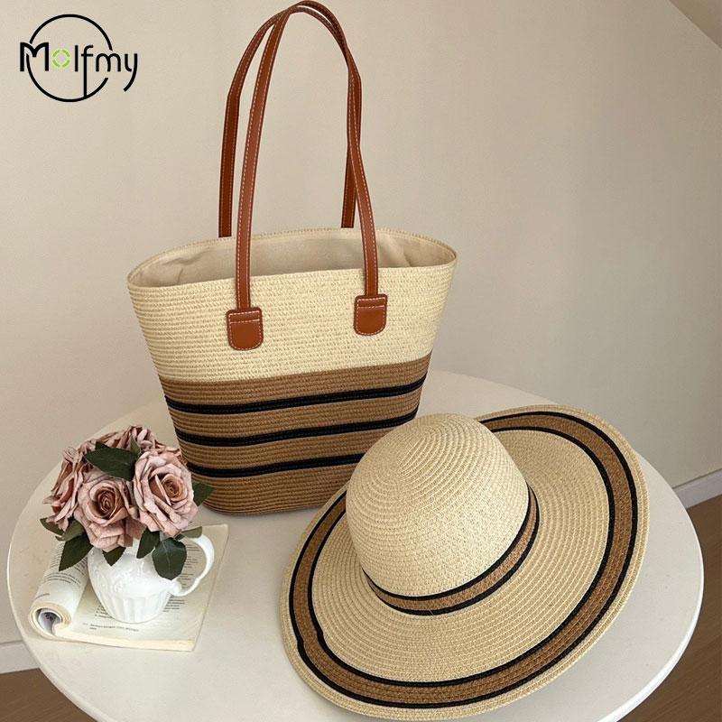 Straw Bag White Beach Hat Women's Summer Beach Tote Bags Outdoor Travel Vacati Large Capacity Shoulder Handbag Shade Beach Hat