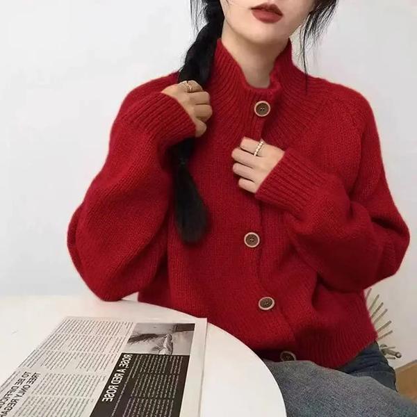 WTEMPO Stand Collar Long Sleeve Knitted Tops Casual Loose Button Cardigans Knitwear Women's Spring Autumn Elegant Sweater Coats