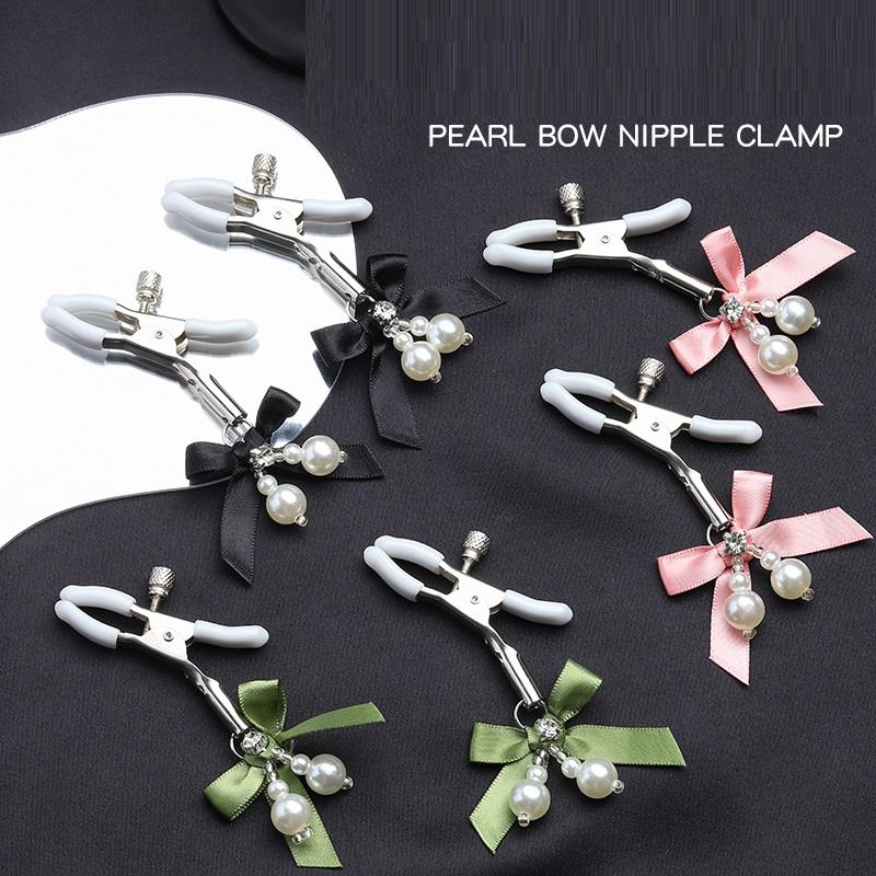Pink Adjustable Metal Nipple Clamps with Soft Non-Slip Pads Bow Pearl Rhinestone Decor for Couples Intimate Bedroom Play