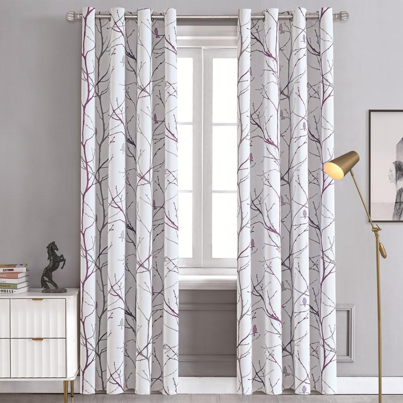 Thickened Blackout Thermal Insulation Curtains Sun Blocking, Matte Finish with Bird Branch Print Matte Fabric Curtain Home Decor