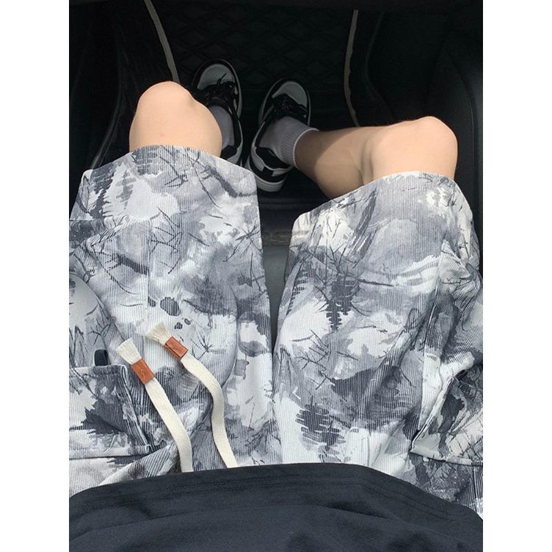 Men's Black White Printed Corduroy Casual Loose Summer Streetwear Fashion Comfortable Daily Shorts