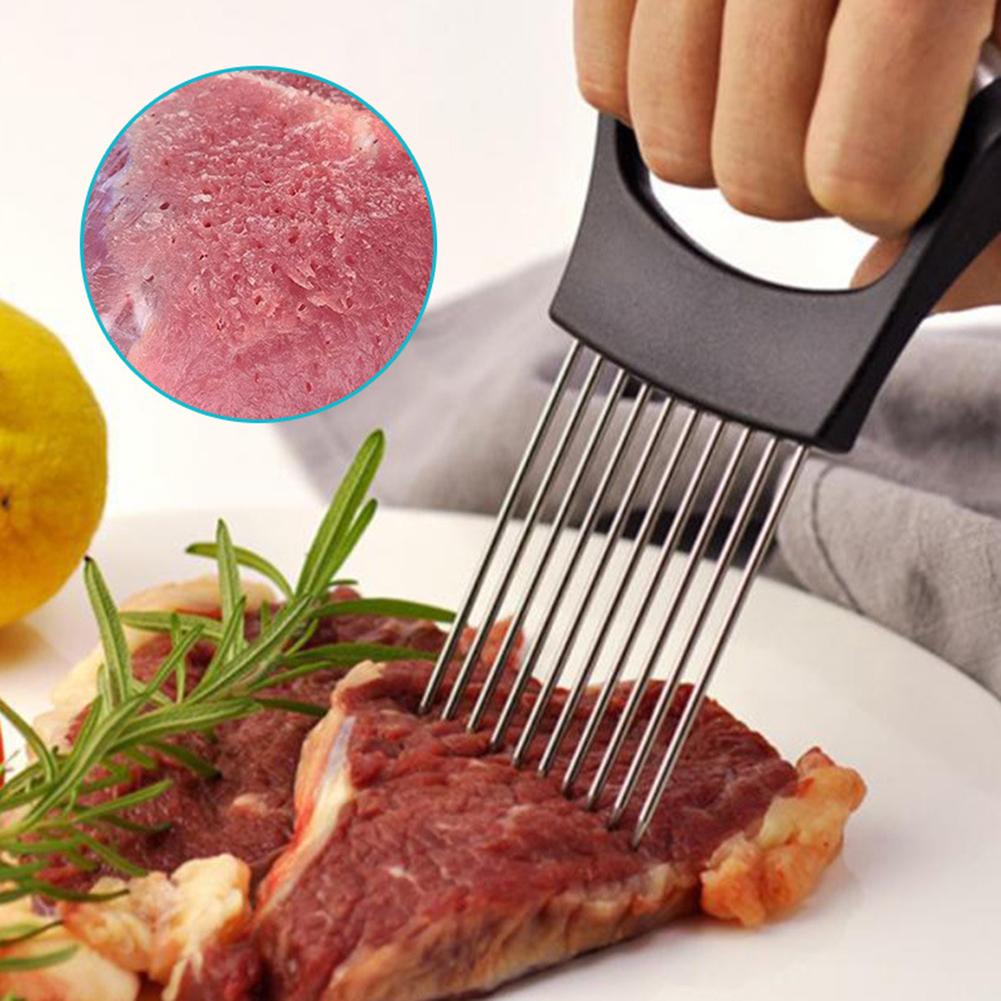 1pc Stainless Steel Onion Slicer Tool Portable Kitchen Potato Chip Onion Holder For Vegetables & Meat