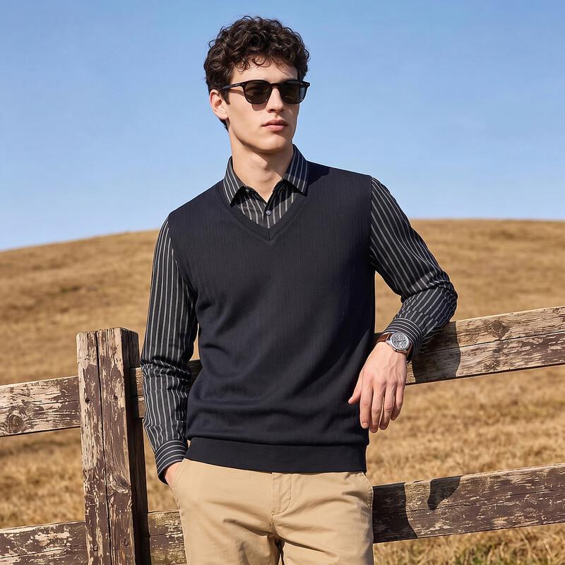 Antonio Men's Faux-Two Piece Striped Knit Sweater with Shirt Collar