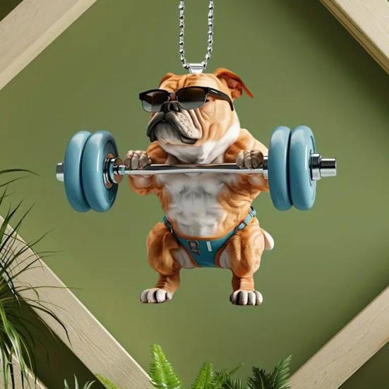 Cute Dog Weightlifting Dumbbell Pendants Acrylic Novelty Bag Charm Christmas Tree Car Mirror Decoration Unique Gift for Animal Lovers Drivers