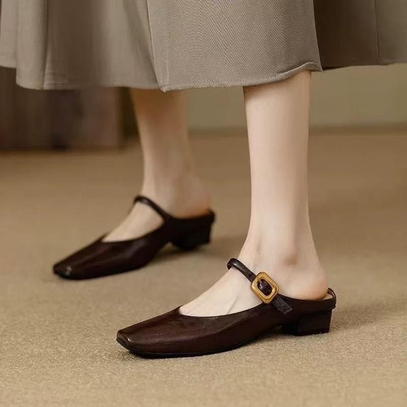 2026 Women's Square Head Mules Summer Outdoor Wear Thick Heel Half Slippers One-Strap Ancient Shoes Single Shoes