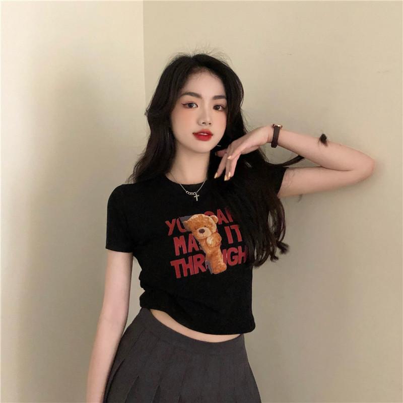 

2022 Винтажная женская футболка с принтом букв и медведя, графические футболки, топы L чёрный
