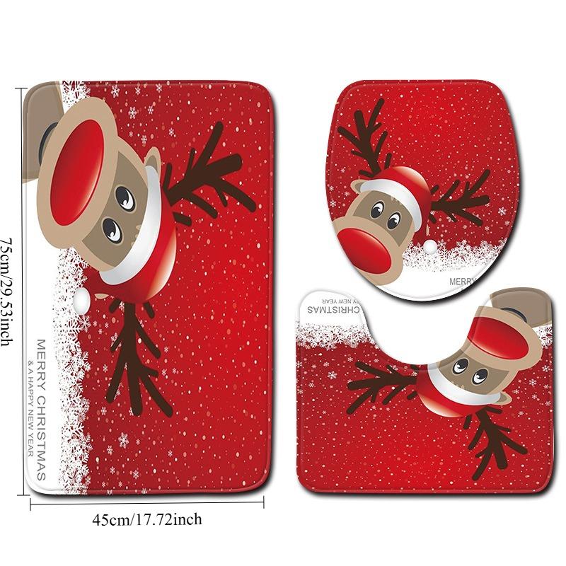 3pcs Christmas Red Background Snowflake Reindeer Pattern Bathroom Mat Set Toilet Seat Cover and Rug Bathroom Decoration Foot Mat