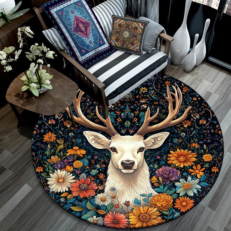 Deer Floral Round Area Rug,Carpet Rug for Living Room Bedroom Sofa Playroom Decor,Non-slip Floor Mat