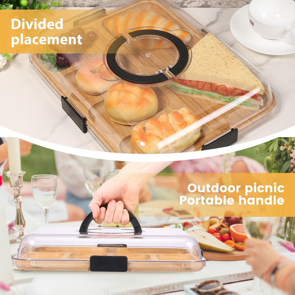 Bamboo Cheese Platter with Transparent Lid Biscuit Snacks Fruit Serving Tray Divided Charcuterie Board for Party Camping Picnic