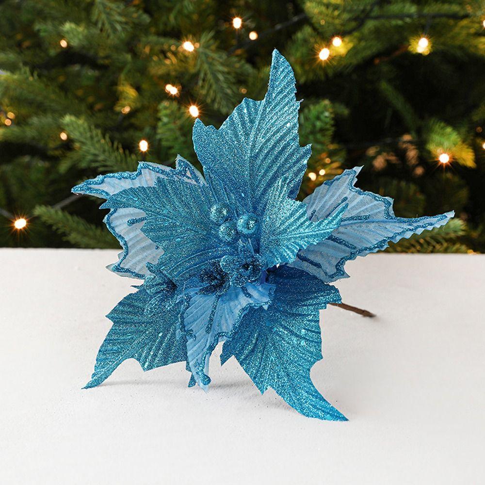 2pcs 26cm Christmas Glitter Flower Simulation DIY Artificial Poinsettia Flower Realistic Festival Sequins Flower