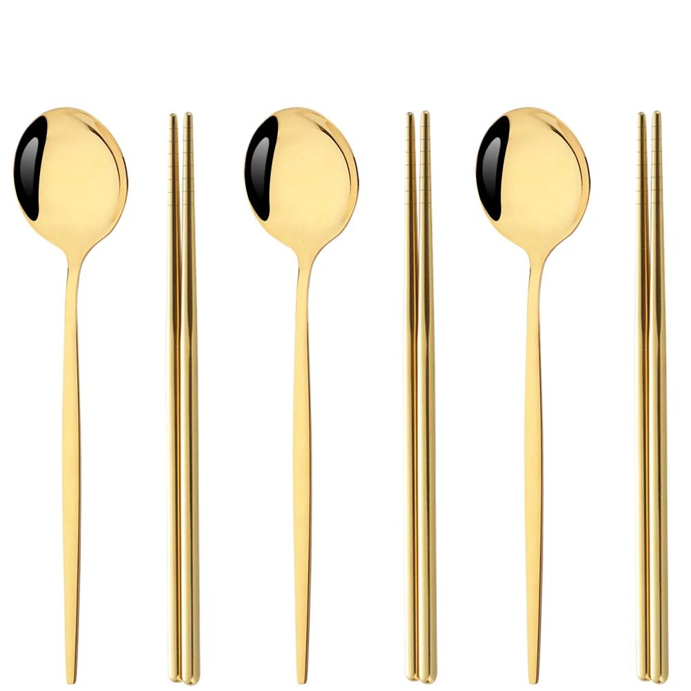 6Pcs High Quality Dinnerware Set Stainless Steel Flatware Set Mirror Kitchen Tableware Gold Dinner Spoon Chopsticks Cutlery Set