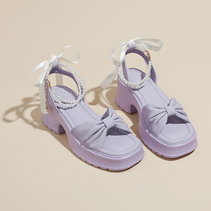 

Beautiful Japanese sweet bow thick sole 6cm height-increasing women s sandals summer with skirt thick heel with sandals 40 лавандовый