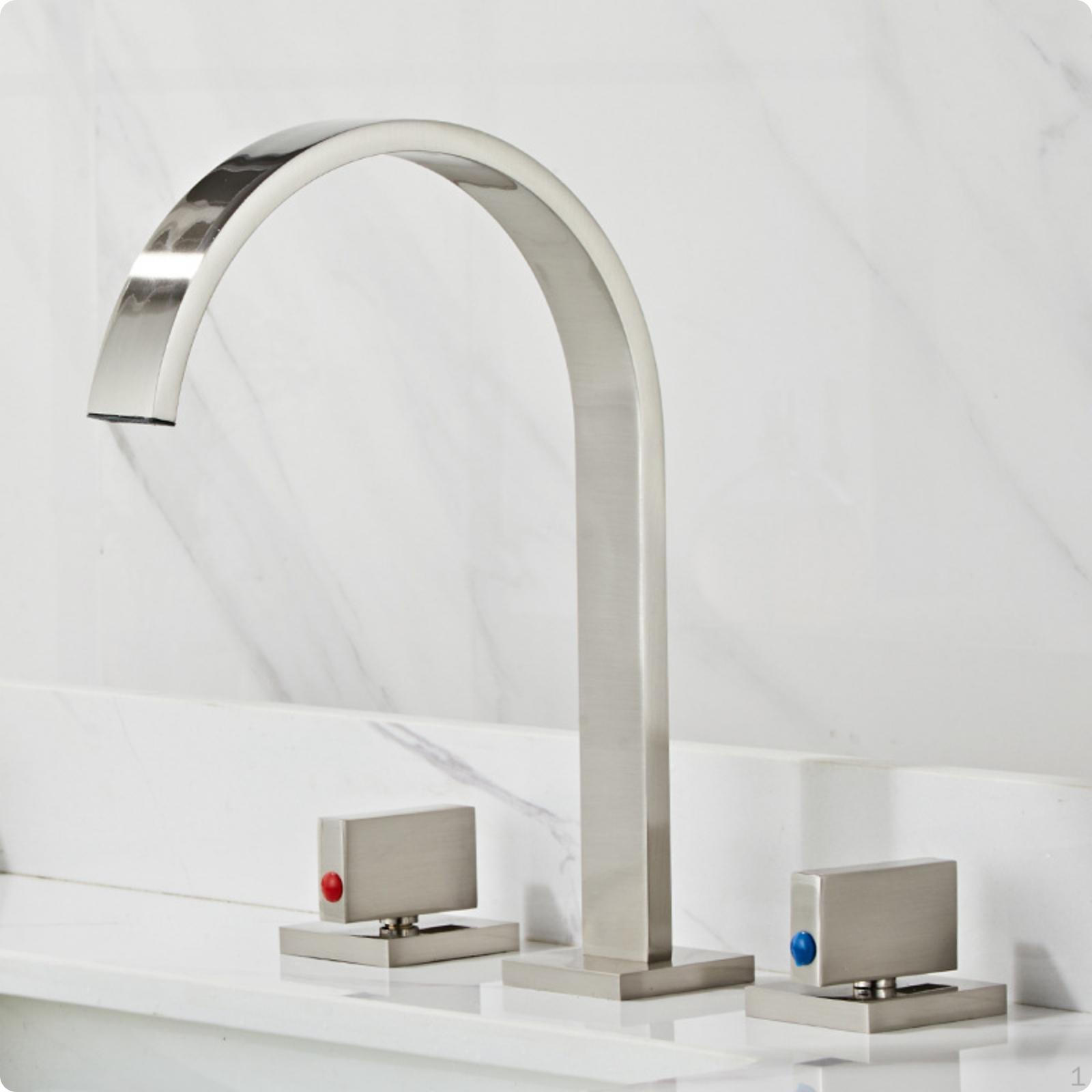 Waterfall Faucet with Square Handles DeckMounted Lavatory Supply Hoses DoubleHandle for Brushed Silver