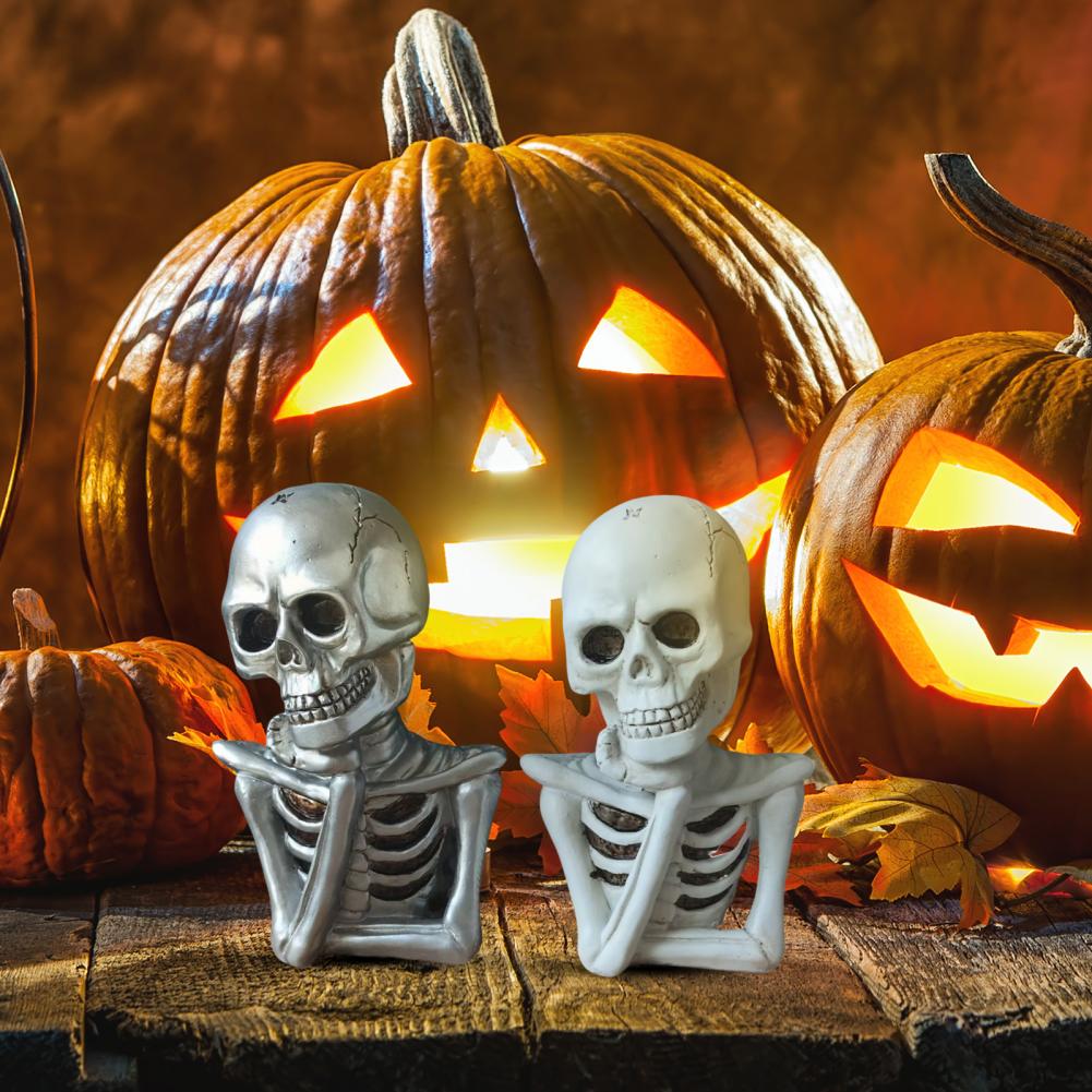 2 Pcs Gothic Skeleton Figurine Creepy Halloween Skull Statue Realistic Resin Tabletop Ornament for Home Bookshelf Decoration