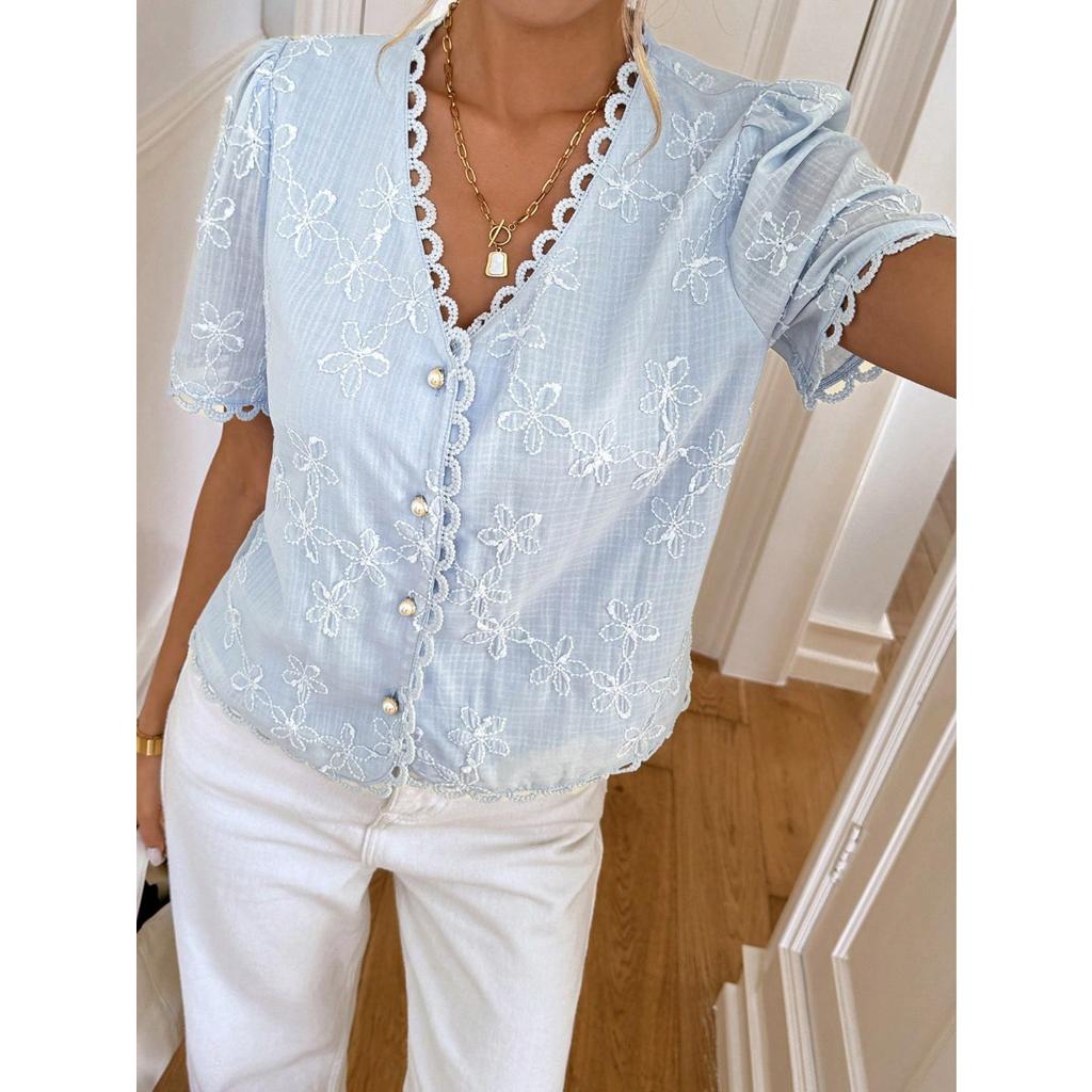 Summer New Women's French Lace Trim V-neck Short Sleeve Embroidered Chiffon Cutout Blouse Top