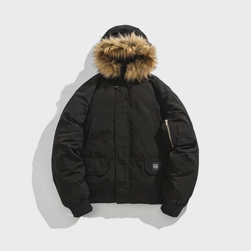 

Мужская зимняя повседневная хлопковая куртка с меховым воротником и капюшоном для пар M чёрный