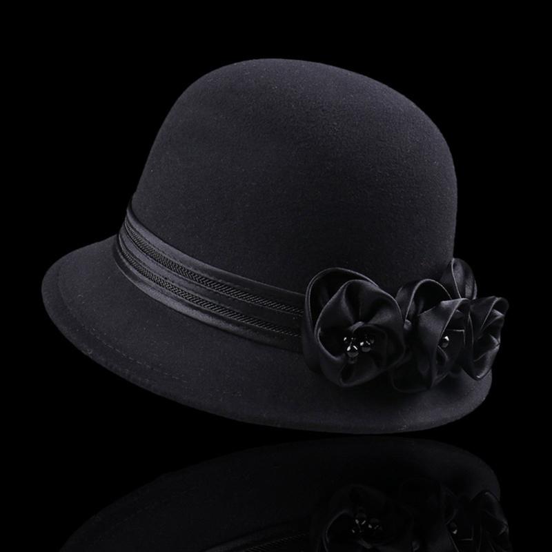 Vintage Silky Flower Hat Winter Warm Dome Hat Women Wool Cloche Hat Headwear