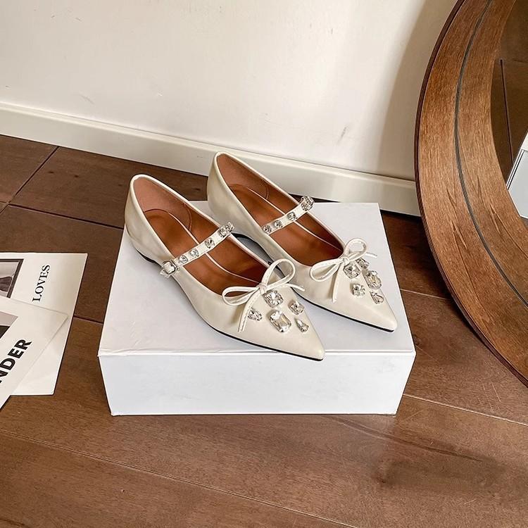 

Spring and summer rhinestone pointed bow low heel lady single shoes with shallow mouth Mary Jane shoes elegant 40 абрикосовый