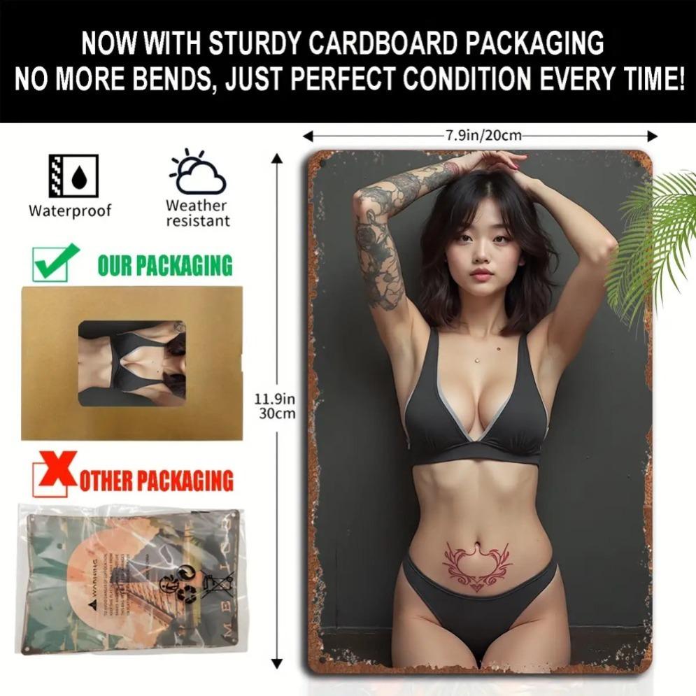 Vintage Metal Sign Black Bikini Girl Tattoo Art - Easy Install Indoor Outdoor Decor for Home Bar Man Cave Beach House