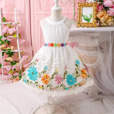 Kinderbekleidung Neues Frühling/Sommer Ärmelloses Mesh-Prinzessinnenkleid mit floraler Stickerei für Mädchen