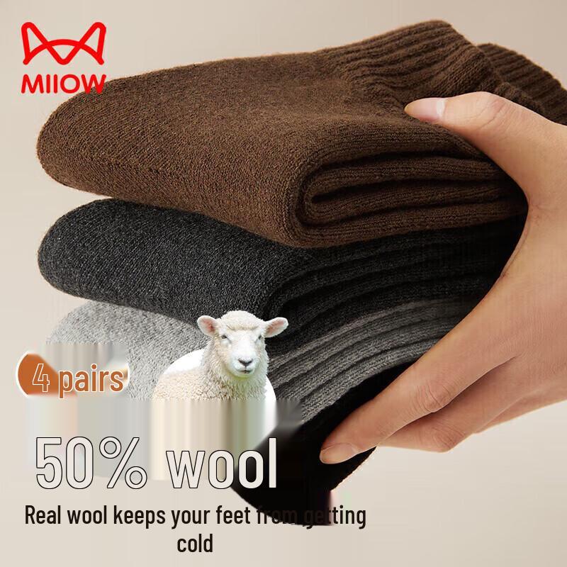 MiiOW Men s Thickened Wool Blend Mid-Calf Thermal Socks (4 Pairs) One Size