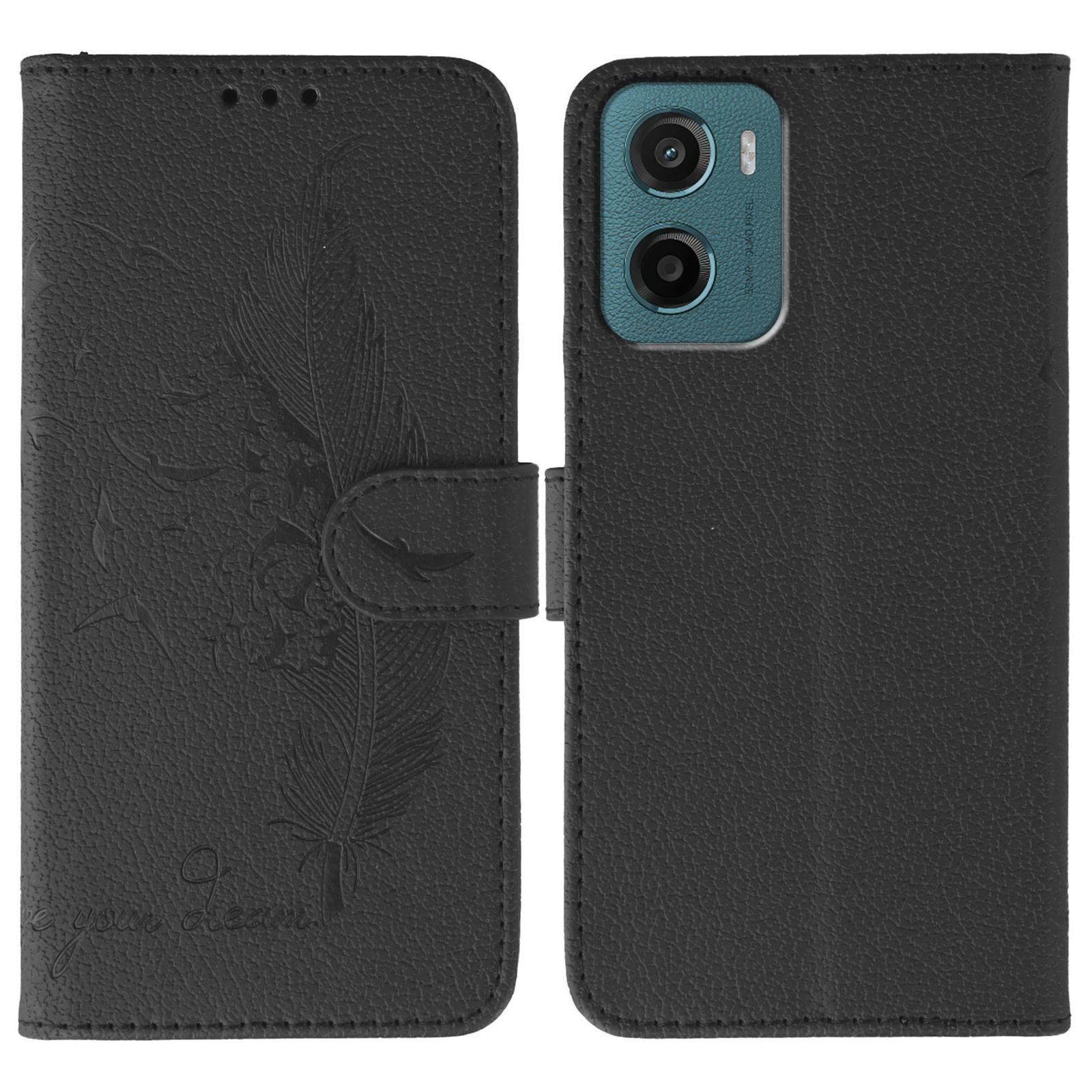 

For Motorola Moto G05 4G Case Feather Imprint PU Leather Wallet Phone Cover Black