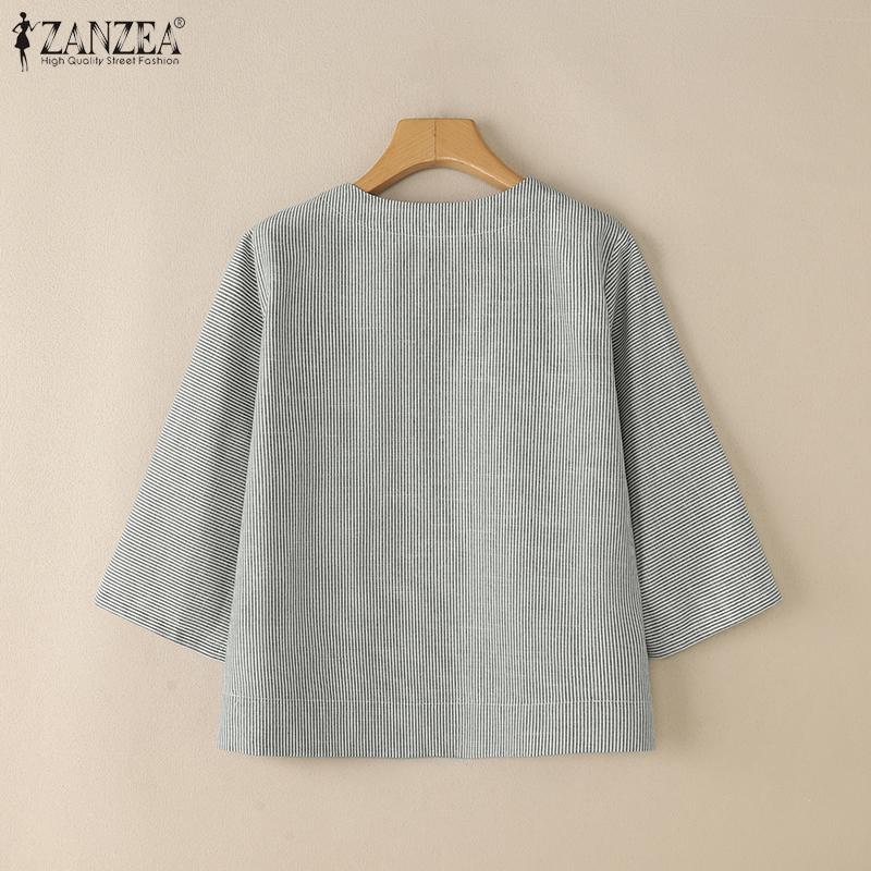 ZANZEA Damen V-Ausschnitt Locker Lässig 3/4 Ärmel Streifen Bluse