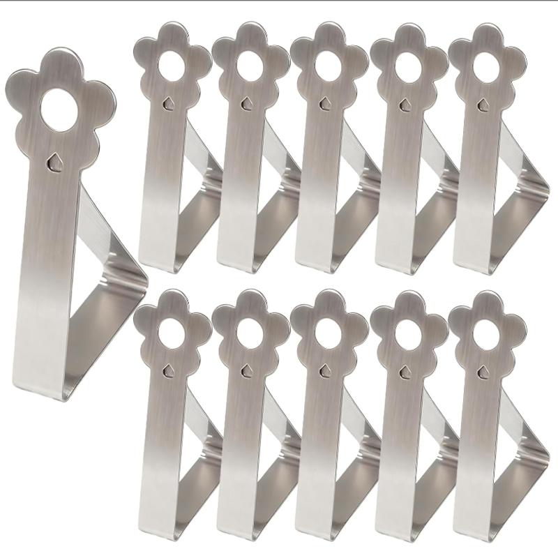 10Pcs Tablecloth Clips, Stainless Steel Tablecloth Clips for Tables, Floral Pattern Triangle Shape Tablecloth Clips, Suitable for 1-4 cm Thick Tables