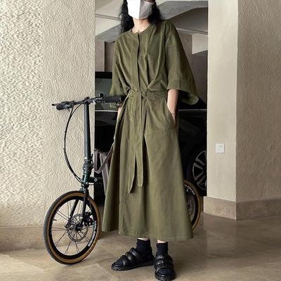 Japanische Cargo-Hemdkleider Frühling Sommer Lässig Einfarbig Lockere Taillenbindung Literarisches Einfaches Kleid