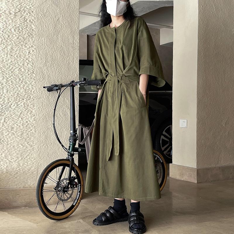 

Johnature японские платья-рубашки-карго, весна-лето, повседневное однотонное свободное платье с завязками на талии, простое литературное платье