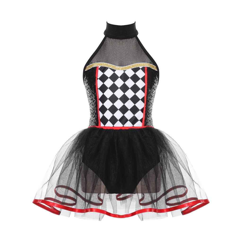 Kids Girls Halloween Doll Clown Costume Halter Neck Checkerboard Sequins Tutu Dress Dancewear Fancy Dress Up Costume