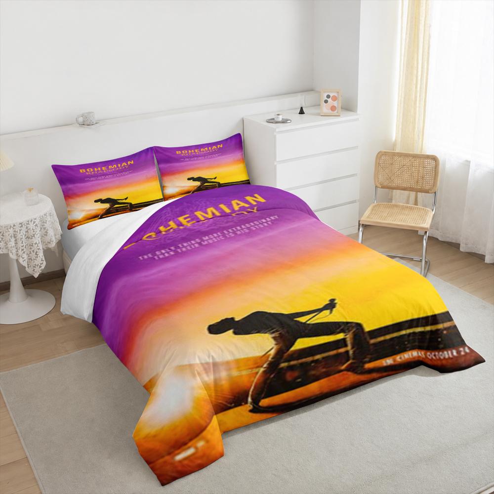 3 Piece Bedding Set with Duvet Cover and 2 Pillowcases - Bohemian Rhapsody Sunset Singer Silhouette Print - Orange Music Decor