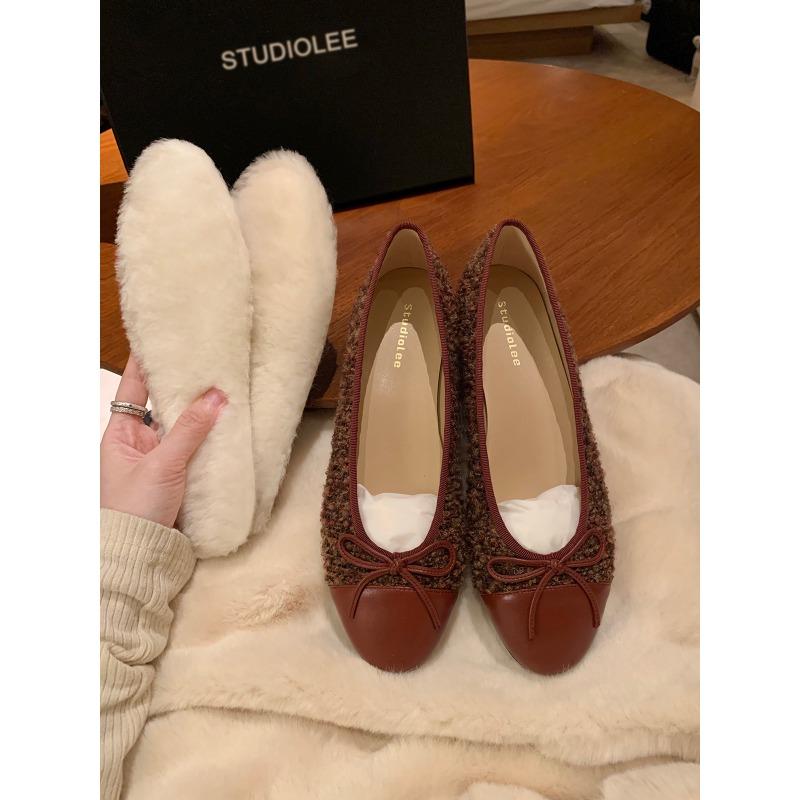 Sheepskin version of classic round head bow velvet tweed shallow mouth flat bottom single shoes women