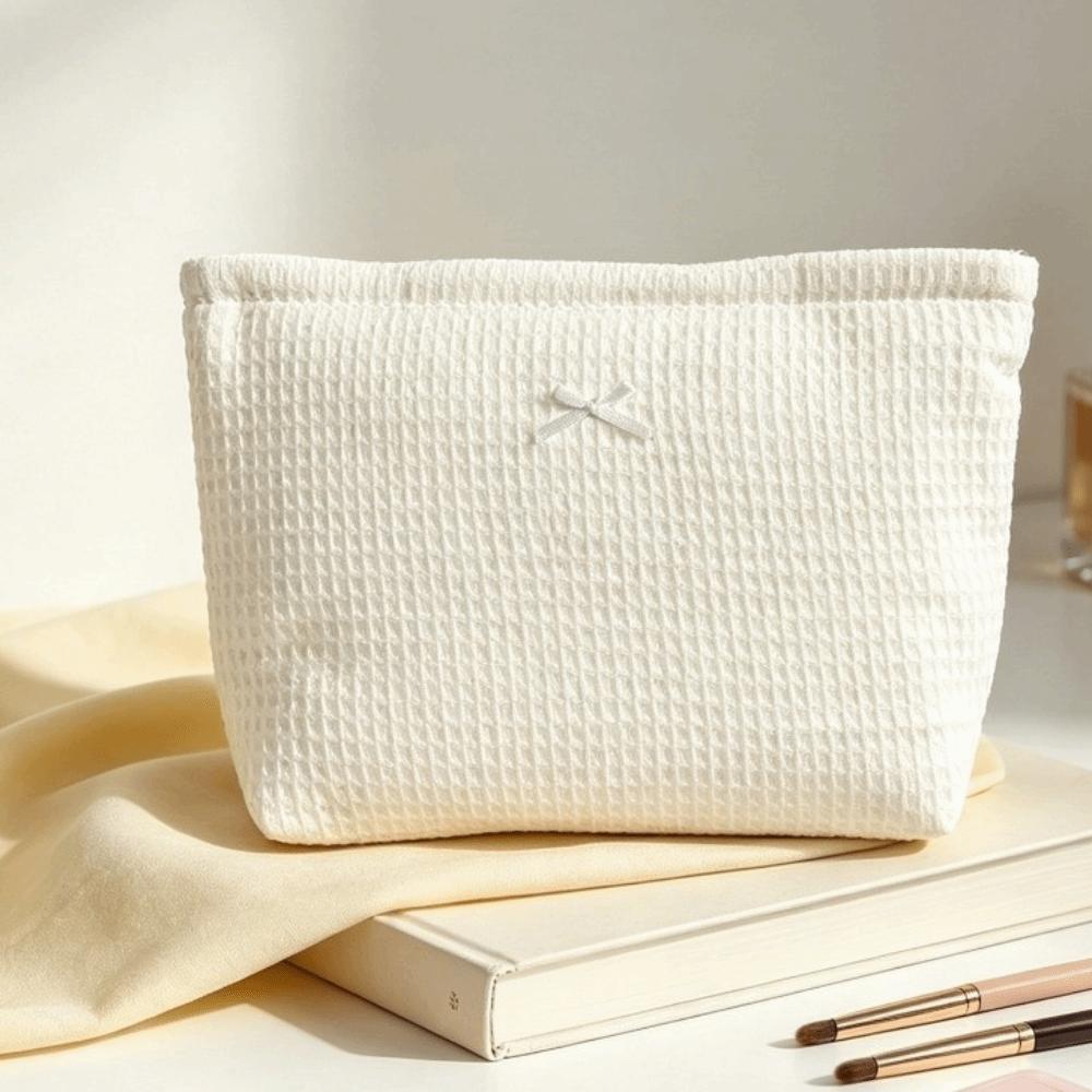 Large Capacity Waffle Knit Makeup Bag Bow Decor Toiletry Organizer Sweet Cosmetic Bag Daily