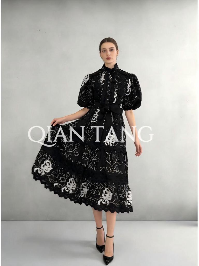 Lace Stand Collar Embroidered Patchwork Puff Sleeve Dress