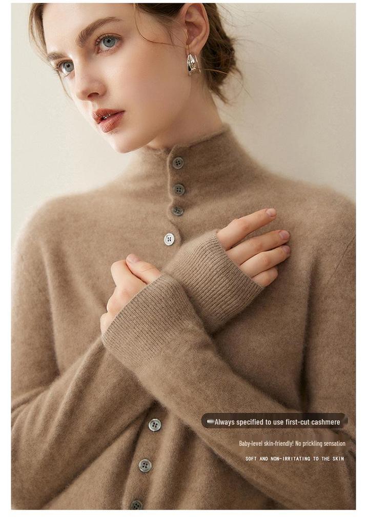 Women's Pure Cashmere Single-Breasted Sweater - Winter 2026, Solid Color, Gentle Style, Loose Fit, Slimming Design