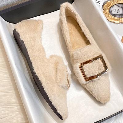 Chaussures plates tendance en fourrure de vison à bout pointu pour femme, mocassins duveteux à boucle métallique, chaussures d'hiver en coton confortables et rembourrées en peluche pour femme, grande taille 43