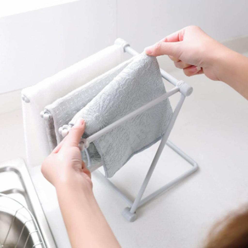 Foldable towel rack, vertical dust removal cloth rack for kitchen and bathroom use, light blue, plastic, convenient for storage,