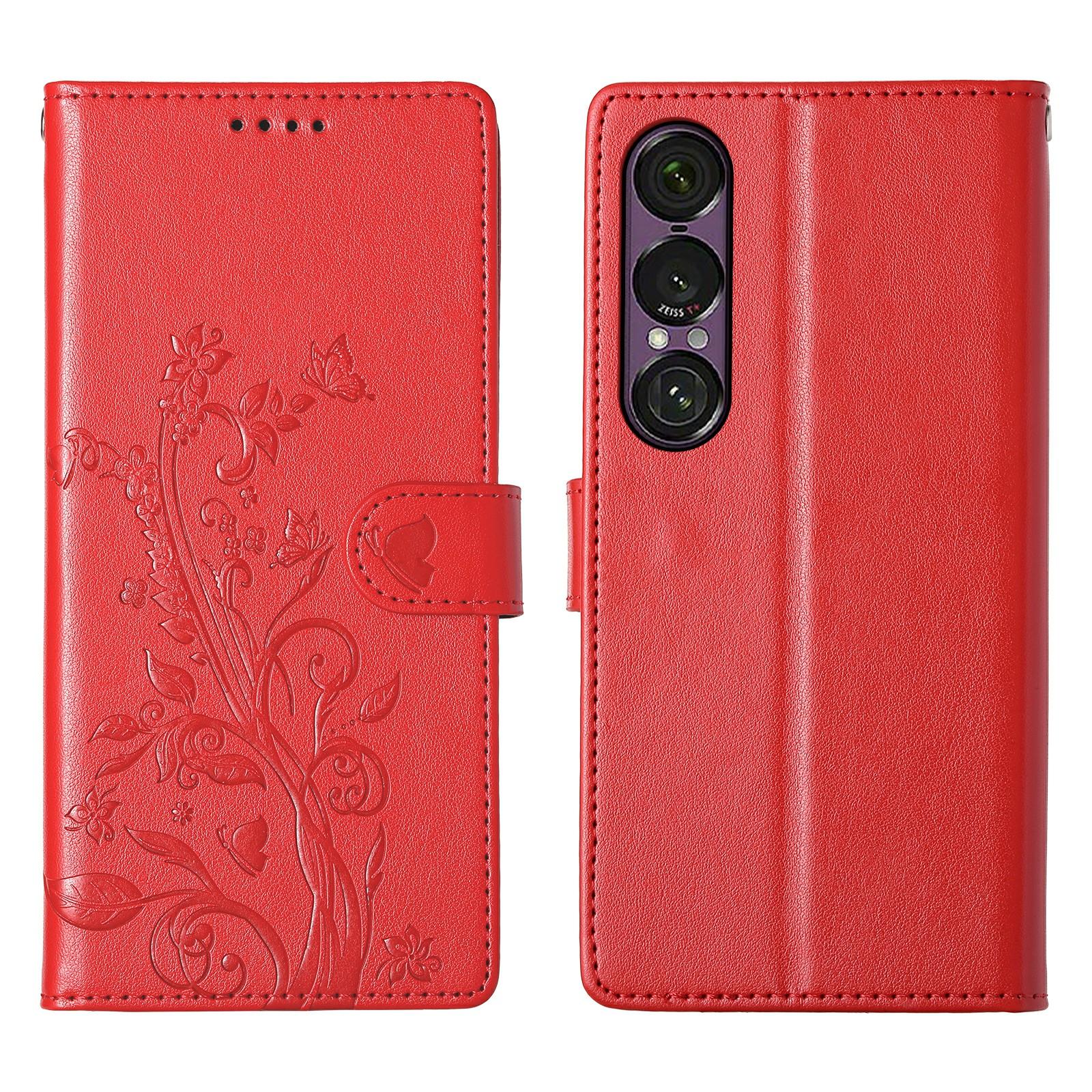 

For Sony Xperia 1 VII Wallet Case Butterfly Floral Imprint PU Leather Phone Cover with Wrist Strap Red