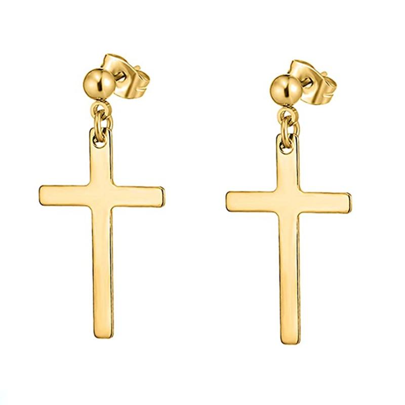 WKOUD 2PCS Stainless Steel No Piercing Cross For Men Kpop Clip On Cross Earring Gothic Punk Fake Ear Cuff Cross Earring Dangle