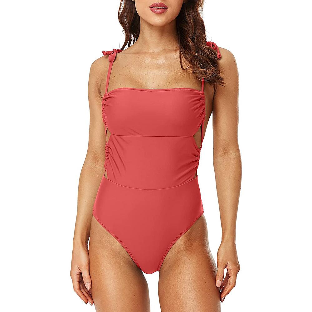 

Charmleaks женский цельный купальник с плиссировкой на животе, однотонное модное монокини, купальник, пляжная одежда, костюм L красный