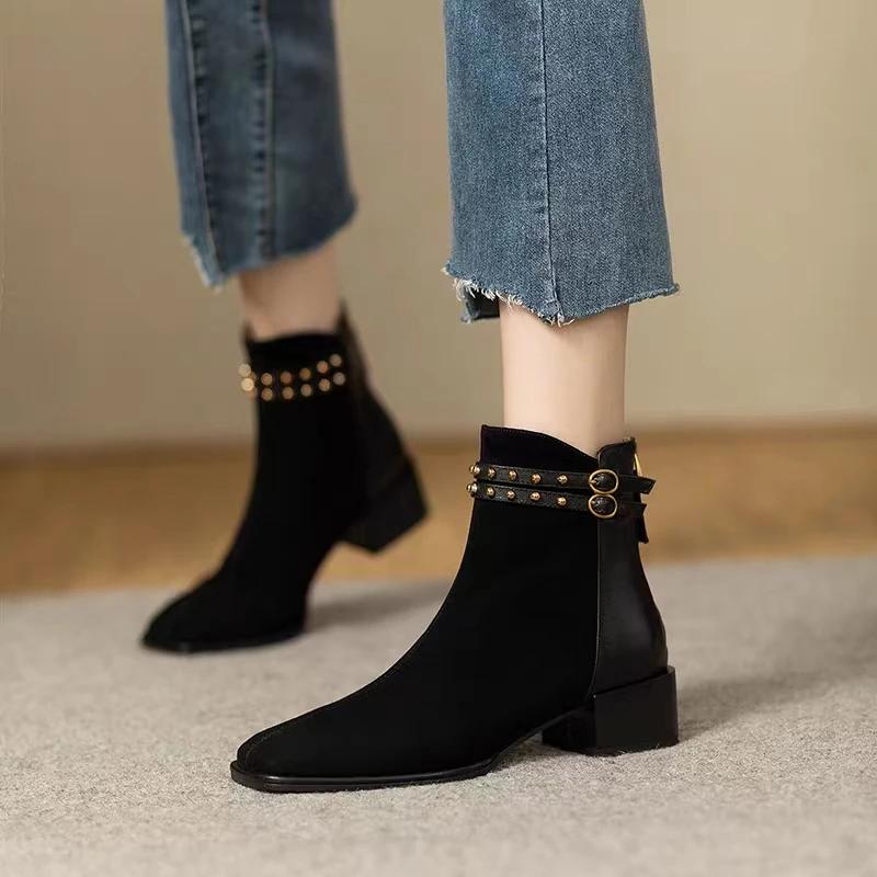 Shoes for Women 2025 Korean Fashion Square Toe Women's Boots Simple All-match Black Ankle Boots Stylish Office Ladies Shoes