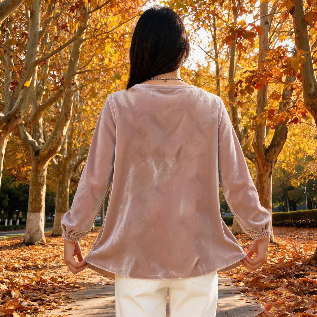 Women's Fashion Color Long Sleeve Ruffle Trim Top for Casual Everyday Wear