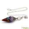 Antique Silver Seven Chakra Crystal Pendulum with Semi-Precious Chips and Resin Hexagonal Cone Pendant